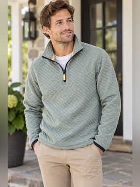 J. Crew Quilted Half-Zip Pullover in Sage with Yellow Trim Size S — Cozy Fall